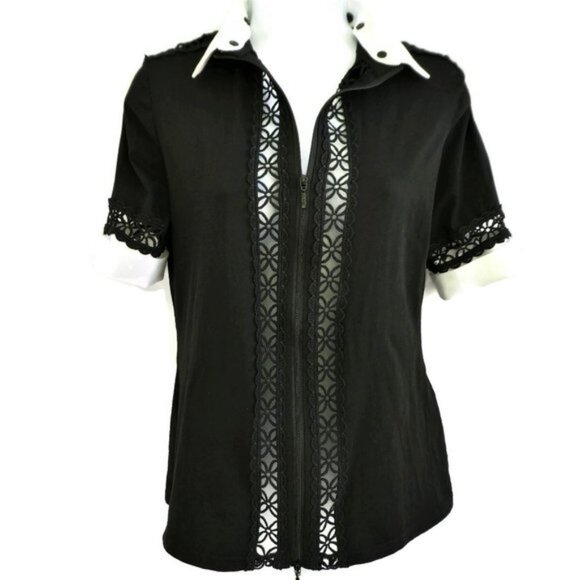 Anne Fontaine Top Zip Front Floral Daisy Cutouts Detachable Collar Stretch 40 M - Picture 11 of 14